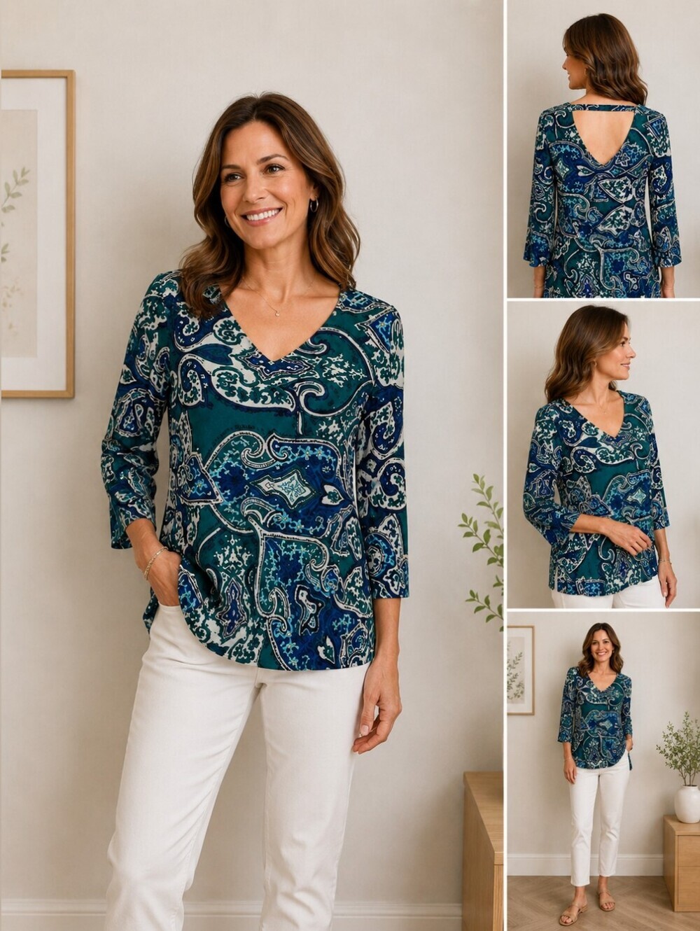Chico's Travelers Teal Blue Paisley Print Top Women's Size 0P Petite (Small) - Picture 4 of 7